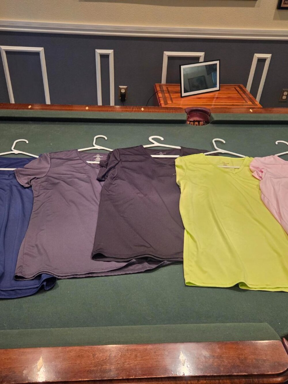 Five (blue, black, gray, pink and lime) light weight shirts
